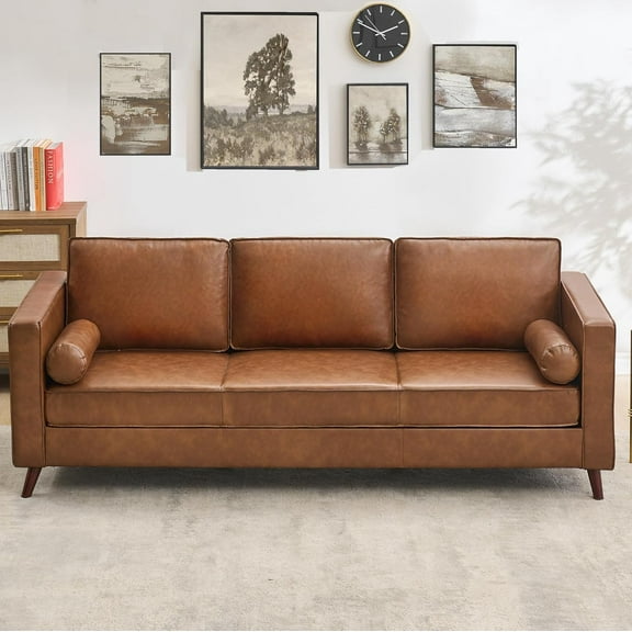 IdealHouse 81" Mid-Century Modern PU Leather Sofa, Deep Seat 3-Seater Couch, Removable Cushion Covers, Faux Leather, for Living Room or Office (Brown)