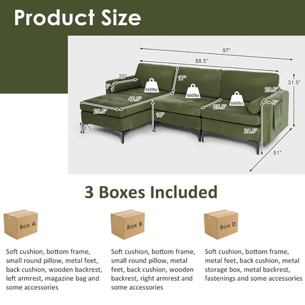 Finihen L-Shaped Sectional Sofa Couch, Sofa Bed, Modular L-shaped 3-Seat Sectional Sofa with Reversible Chaise and 2 USB Ports, for Living Room, Army Green Finihen L-Shaped Sectional Sofa Couch, Sofa Bed, Modular L-shaped 3-Seat Sectional Sofa with Reversible Chaise and 2 USB Ports, for Living Room, Army Green