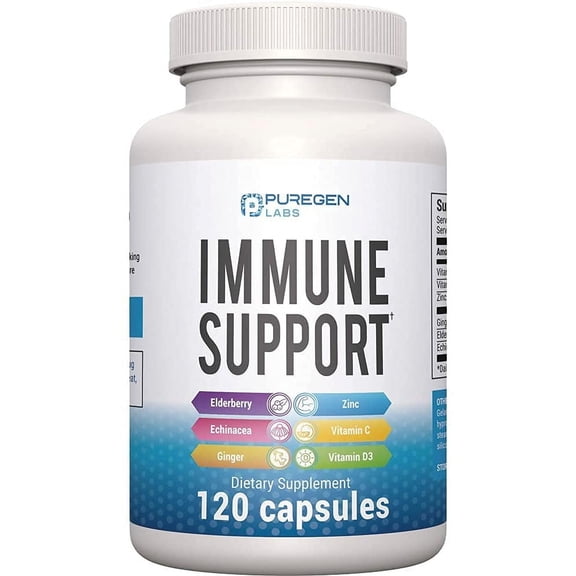 Puregen Labs Immune Support - Powerful Blend of Black Elderberry, Echinacea, Ginger Root, Vitamin C, Vitamin D3 and Zinc Picolinate - 120 Capsules - 1PK