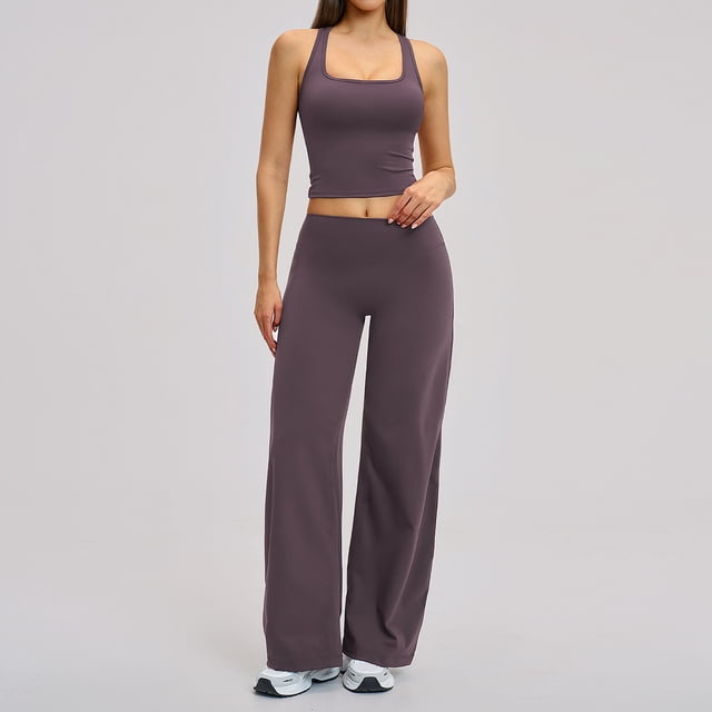 PISONIC Womens Workout Sets 2 Piece Racerback Crop Top Straight Leg Yoga Pants Yoga Pilates Outfits