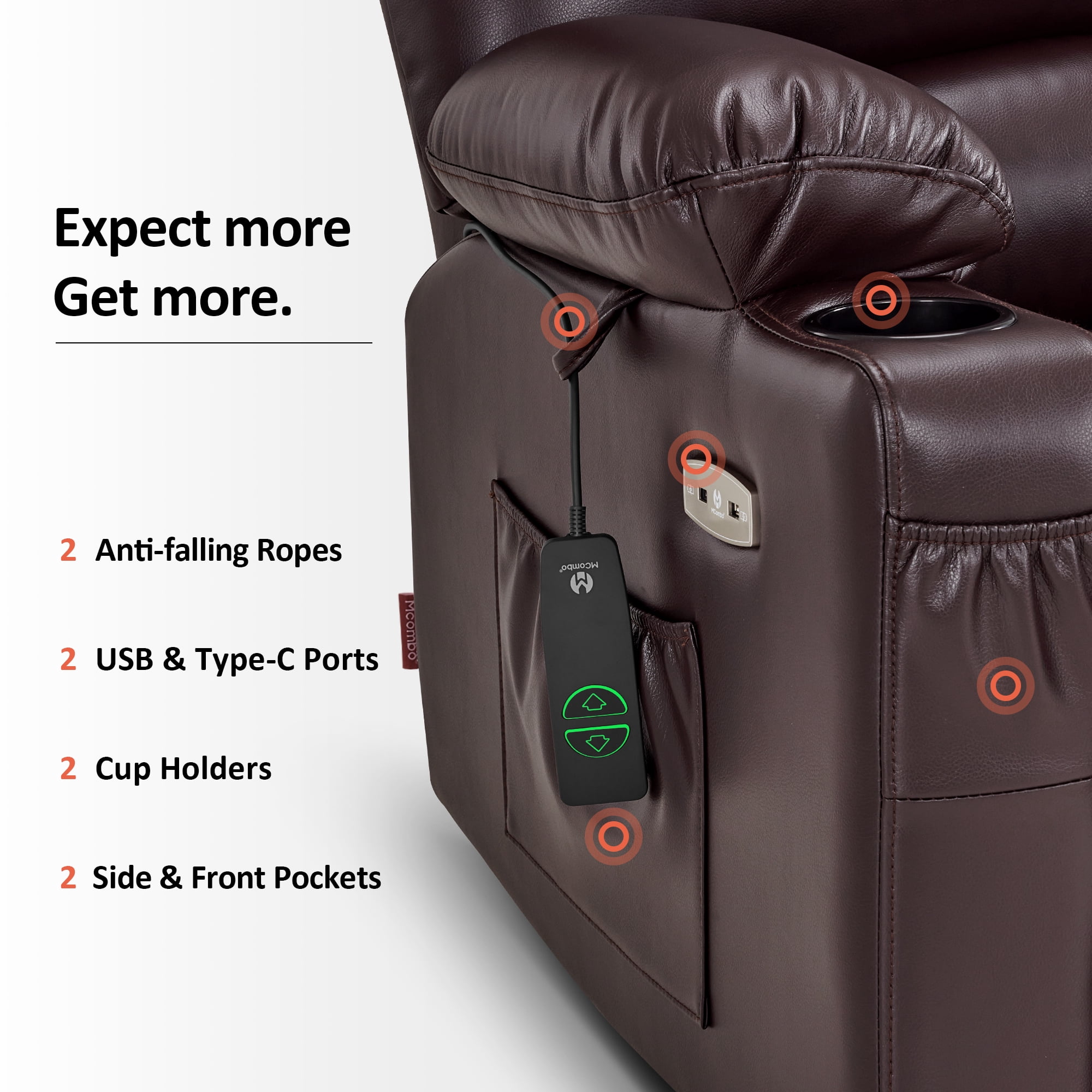 MCombo Power Lift Recliner Chair with Massage Heat, Extended Footrest, Faux Leather(Medium-Regular, Dark Brown)