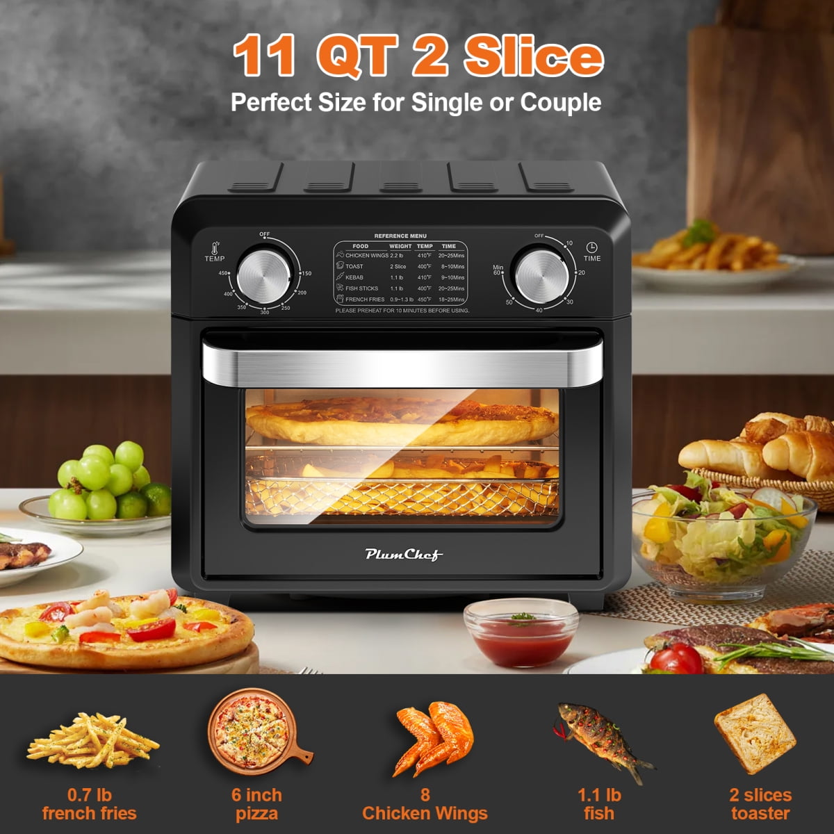 11QT Compact Air Fryer Toaster Oven - 6-in-1 Countertop Oven with Toast Bake Broil Warm Air Fry 1000W Oil-Free Cooker 60-Minute Timer 2-Slice Capacity Black