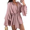 thumbnail image 3 of TaTaai Women's V-Neck Long Sleeve Flared Sleeve Irregular Hem Tie Waist Loose Dress Lightweight Breathable Casual Dress for Vacation Outings Gift, 3 of 7