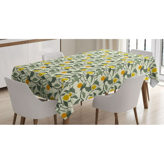 Summer Tablecloth, Lemon Tree Branches Season Vintage Style Growth Flourish on Ivory Backdrop, Rectangle Satin Table Cover for Dining Room and Kitchen, 52" X 70", Reseda Green Mustard, by Ambesonne