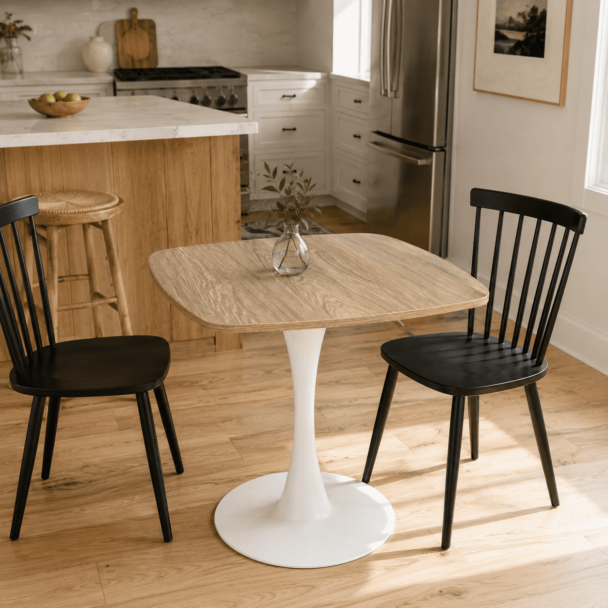 Square Dining Table, 24" Square Tulip Table with MDF Tabletop & Matte White Metal Pedestal Base,Mid Century Modern Bistro Table for Kitchen, Small Places, Living Room, Cafe