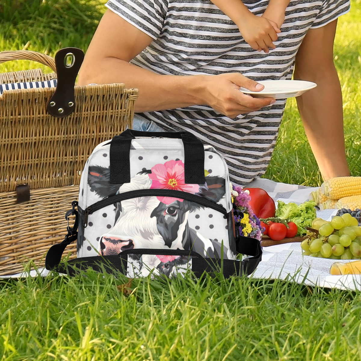 Herdesigns Cute Floral Cow Insulated Lunch Bag for Women Men Adults Large Reusable Lunch Box Leakproof Portable Cooler Tote Bags with Adjustable Shoulder Strap