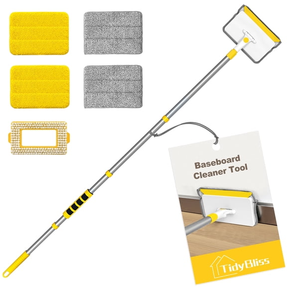 TidyBliss Baseboard Cleaner Tool, Wall Mop with 55.9" Long Handle (Yellow)