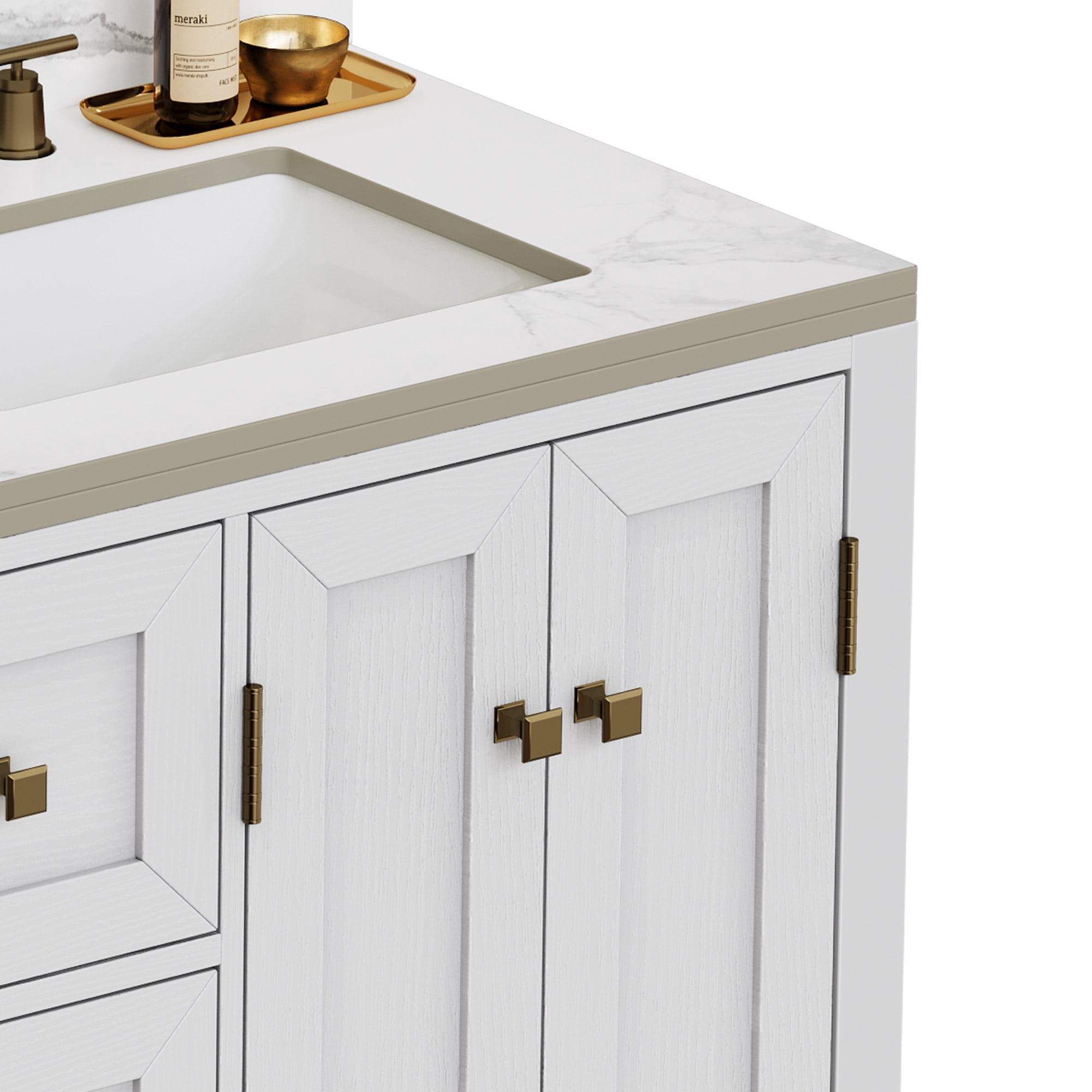 Uforic 47 Inch Double Sink Bathroom Vanity, Mid-Century Modern Bathroom Storage Cabinet with Sintered Stone Countertop, 4 Soft-close Doors & 3 Drawers