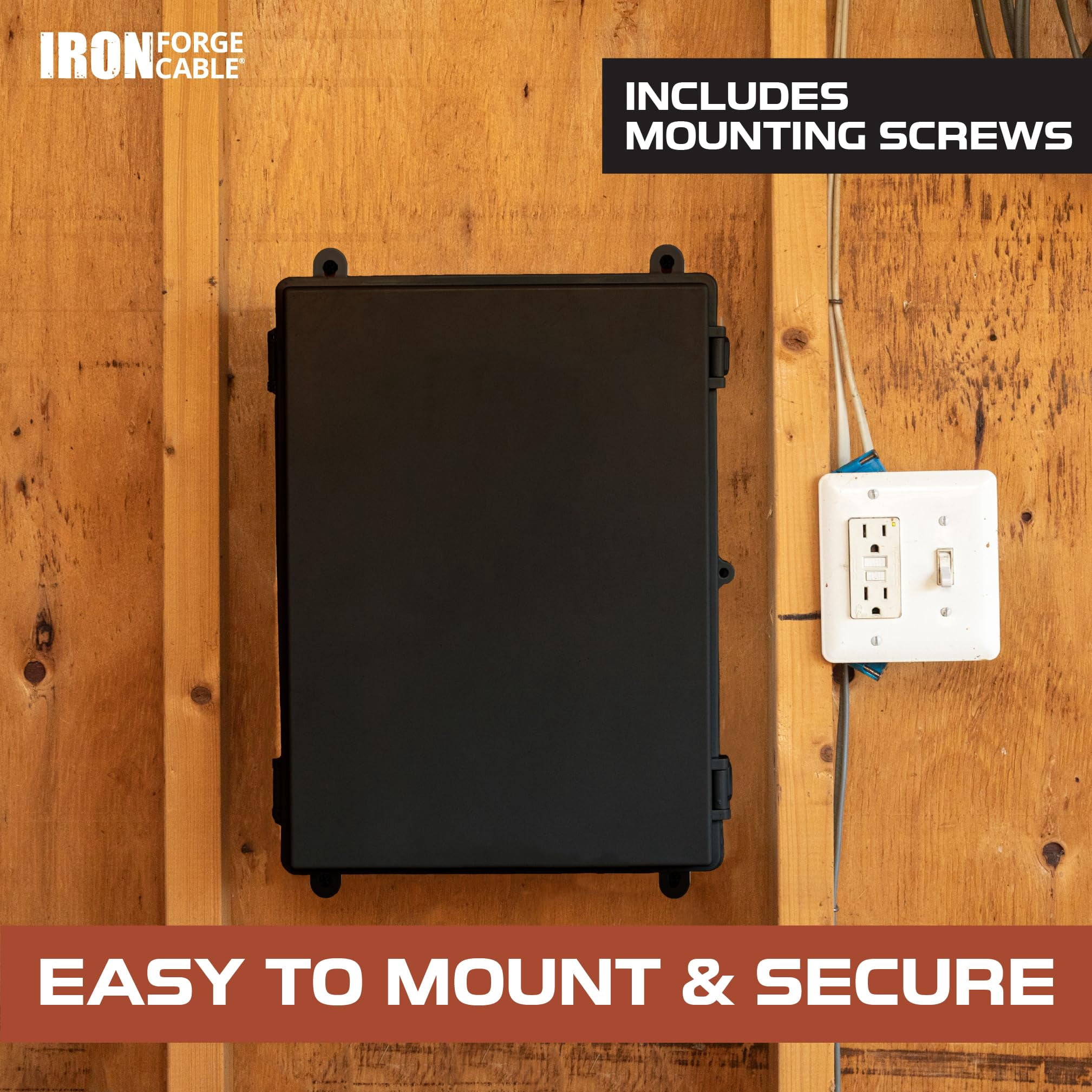 Iron Forge Cable Waterproof Junction Box - Outdoor Electrical Enclosure - Plastic Project Boxes with Mounting Plate, Wall Brackets, Weatherproof Hinged Black Panel Cover - IP65-15x11x6 Inch