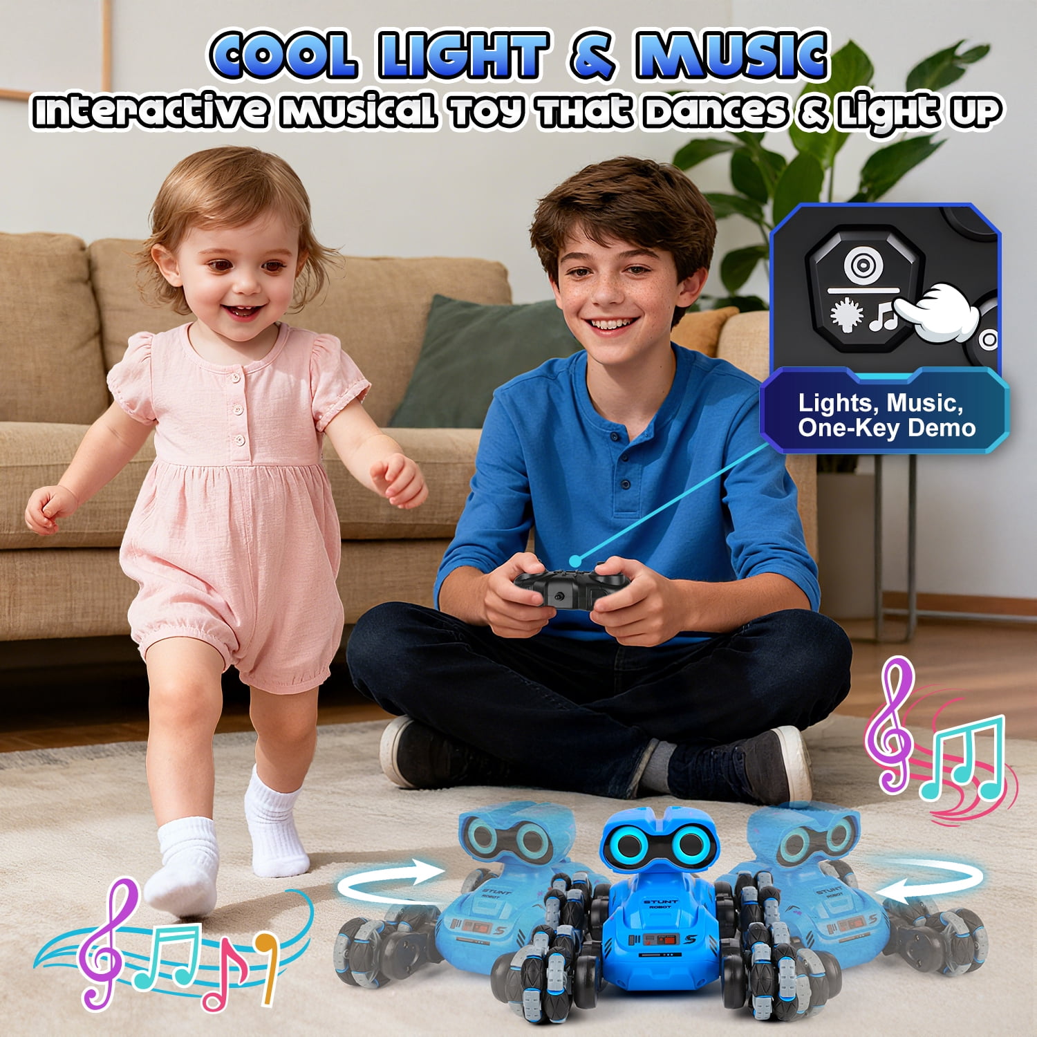 HopeRock RC Stunt Car Robot Toy for Boys Ages 2-6, 8-Wheel with LED Eye Lights, Music, Dance, All-Terrain & 360° Spins, Remote Control Robot Christmas Birthday Gift for Boys 3-12 Years Old.