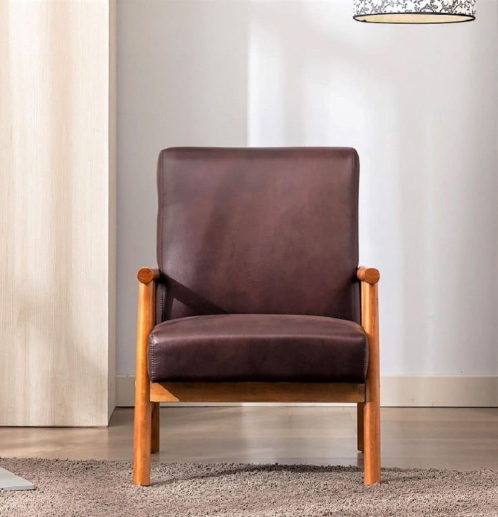 Mid Century Modern Accent Chair, 25" Wide Upholstered Armchair with Solid Wood Frame, Padded Seat & Arms, Dark Brown Lounge Chair for Living Room & Bedroom, Dark Brown