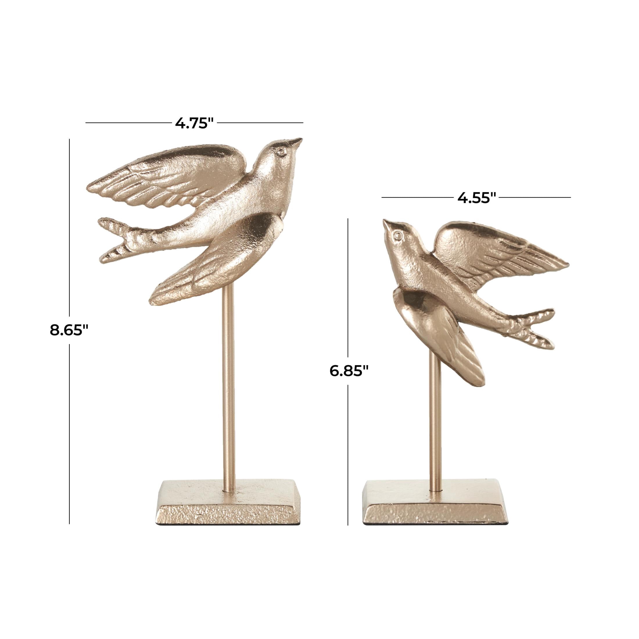 9", 7"H Gold Metal Metallic Bird Sculpture with Stand, by DecMode (2 Count)