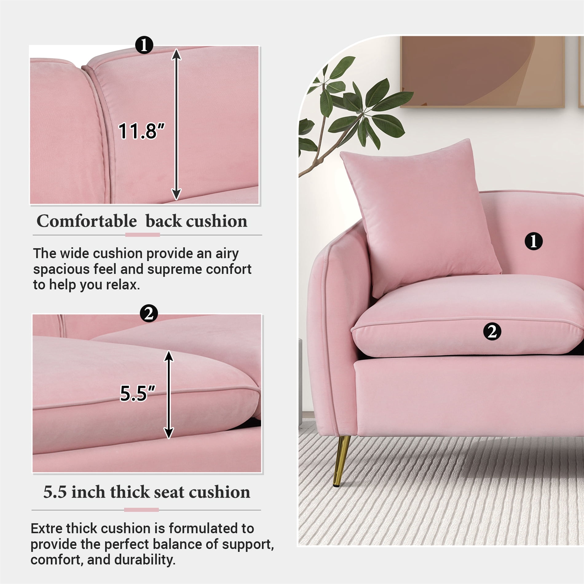Aukfa 77.5" Modern Velvet Sofa for Living Room Furniture Set Apartment - 2 Pillows - Pink