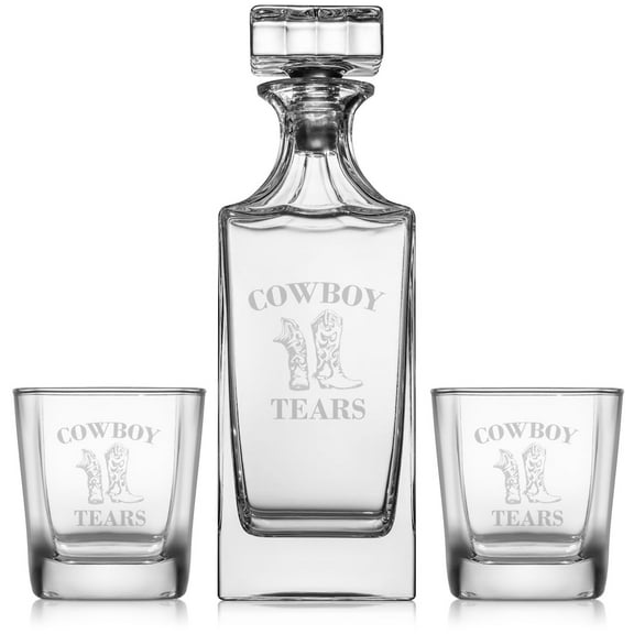 Whiskey Decanter Gift Set With 2 Whiskey Old Fashioned Rocks Glasses Cowboy Tears