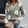 thumbnail image 3 of Wutalume Women's Casual Fashion Floral Jacquard V-Neck Knitted Sweater, Elegant Printed Top, Loose Fit Long Sleeve Pullover for Stylish Everyday Wear,Army Green L, 3 of 7