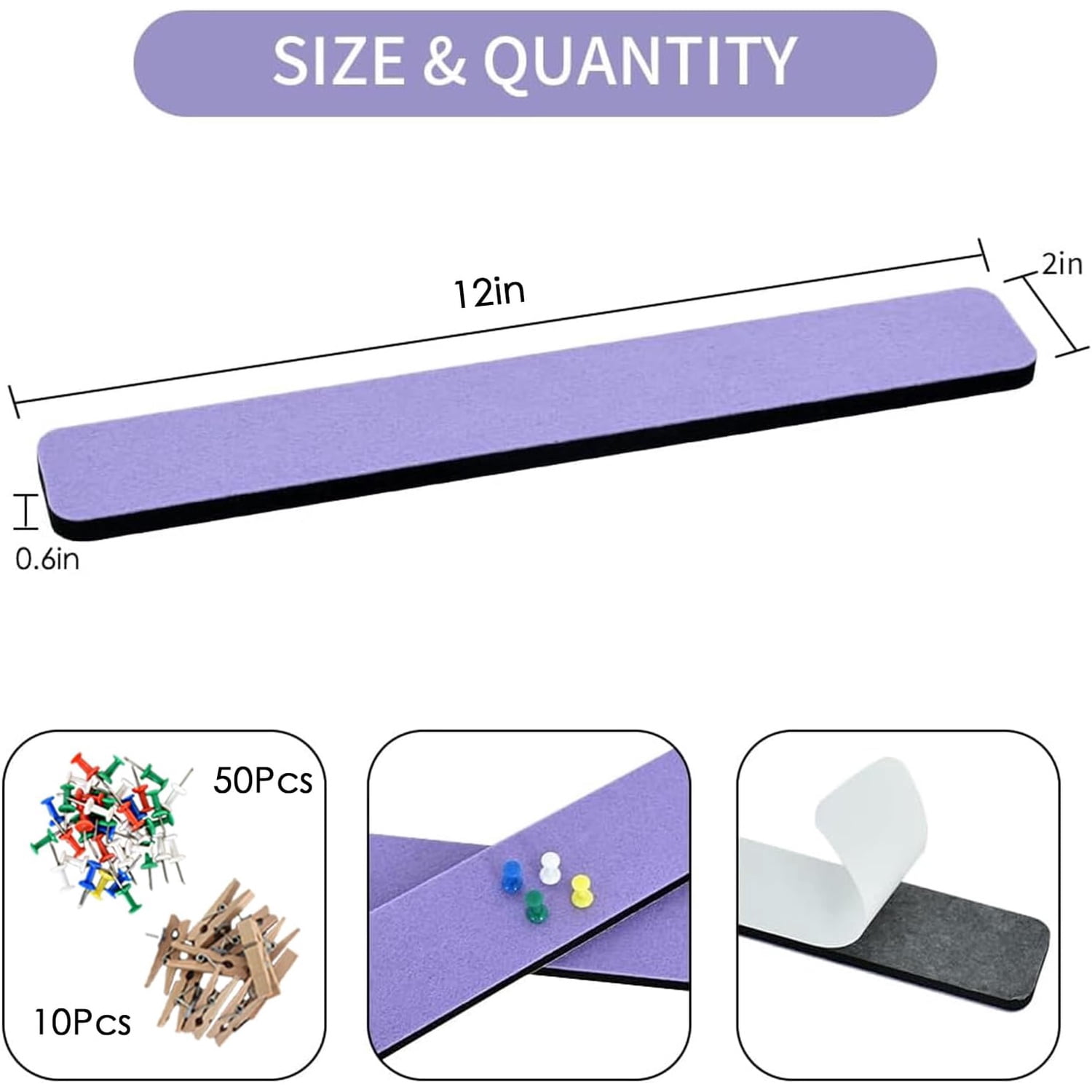 8 pcs Bulletin Board Bar Strips with 50 Pushpins & 10 Wooden Clip pins，Self Adhesive Cork Board for Wall，Felt Pin Board for School，Office Decor(Medium Purple)
