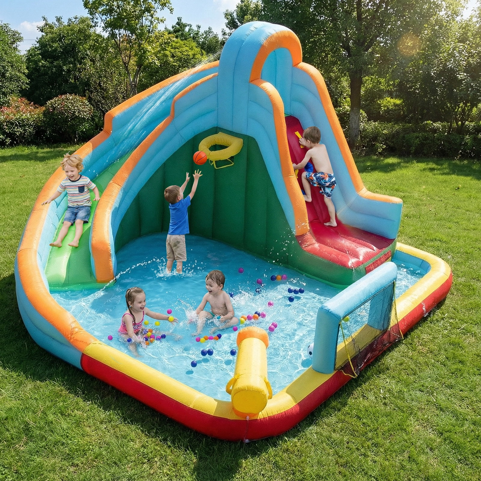 Gymax Inflatable Water Slide Park w/Long Slide Splash Pool Climbing Wall 750W Blower