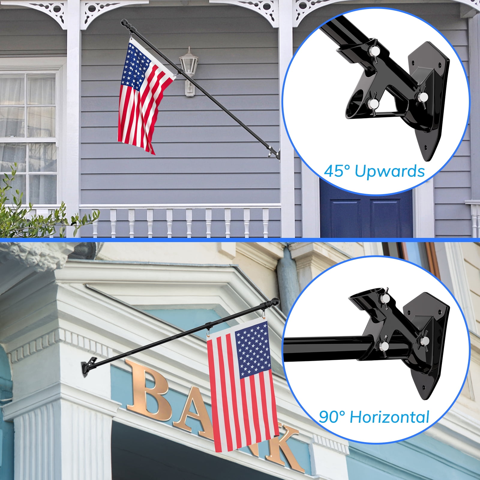 FIASON 6 FT Black Flag Pole Kit with 3x5 Ft US Flag, Tangle-Free 360° Rotating Rings, Adjustable 45°/90° Bracket, Heavy Duty Stainless Steel for Outside House Porch