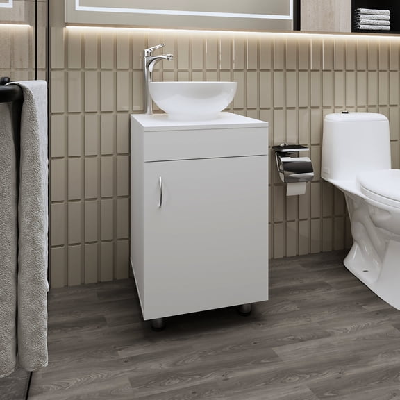 Compact modern white vanity with sink and cabinet for small powder rooms