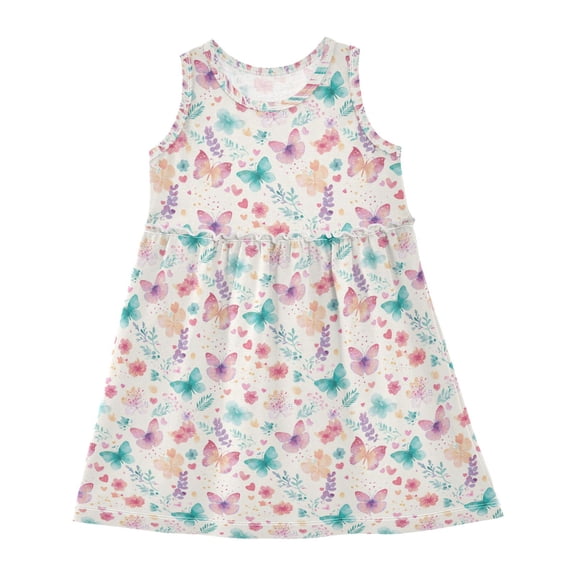 Girls Dress Pastel Butterfly Sleeveless Dress for Girls Hem A-Line Casual Sundress