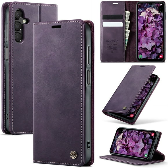 CaseMe Calf Leather Lining Microfibre Wallet Case for Samsung Galaxy A15 6.5-inch with RFID Blocking,Magnetic Closure,Card Slots,Cash Slot,Kickstand,Shockproof Flip Folio Protective Phone Case,Purple