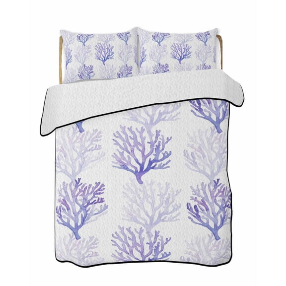 Quilts Queen Size Bedding Set, Coastal Purple Coral Reversible Summer Quilt 3 Pieces, Nautical Ocean Seaside Beach Lightweight Bedspreads Coverlets with 2 Pillow Shams for All Seasons