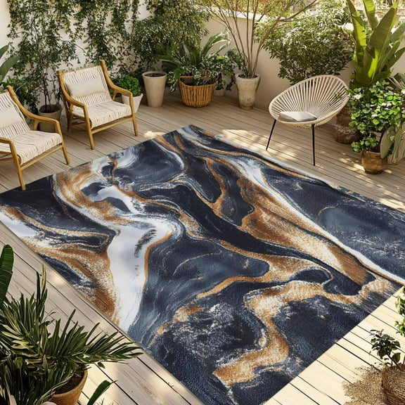 Fsddascl Navy Blue Brown Marble Outdoor Rug for Patio/Deck/Porch, Non-Slip Large Area Rug 4 x 6 Ft, Minimalist Abstract Art Indoor Outdoor Rugs Washable Area Rugs, Reversible Camping Rug Carpet