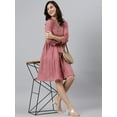 thumbnail image 3 of Janasya Summer V-Neck 3/4 Sleeve Solid Coral Pink Cotton Flared Midi Dress For Women, 3 of 7