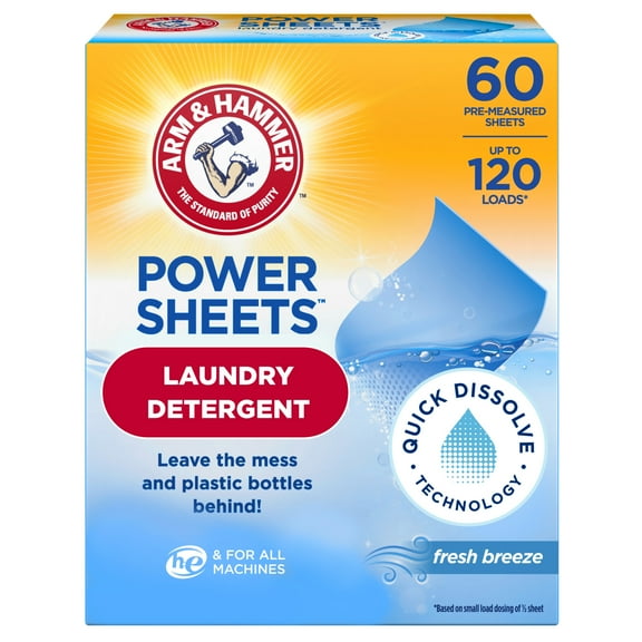 ARM & HAMMER Power Sheets Laundry Detergent, Fresh Breeze 60 ct, up to 120 small loads
