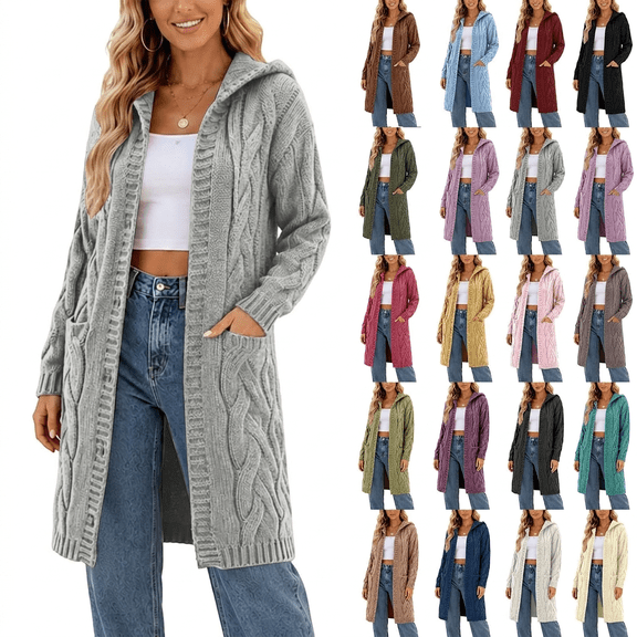 YGJTJYD Womens Oversized Open Front Long Cardigan Cable Knit Hooded Sweaters Chunky Tunic Solid Long Sleeve Trendy Casual Hoodies Duster Plus Size Outerwear