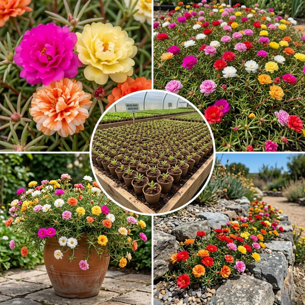 Moss Rose Portulaca Live Plant, Moss Rose Flower Plant, Random Color Blooms in 4 Inch Pot, 4-6 Inches in Height, Perennial Flower Plant