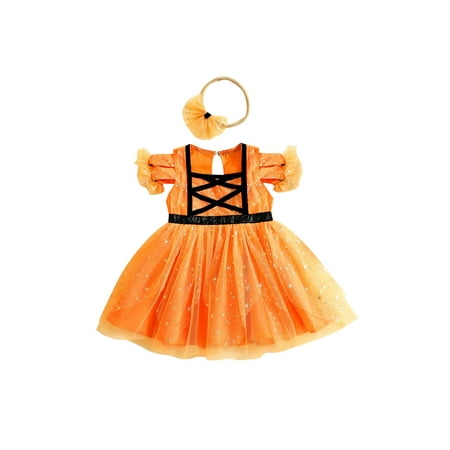 

HUIJZG Toddler Infant Baby Girls Halloween Tulle Dress Hollow Mesh Sleeve Color Contrasts Glitter Princess Dress with Bow Headband