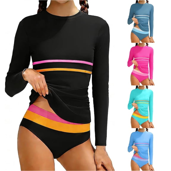 WERYOUNG Girls Swimsuit Sets Long Sleeve Striped Rash Guard Shirts With Bikini Bottoms Two Piece Swimwear Beach Pool Party Stylish Swim Wear 9-10 Years