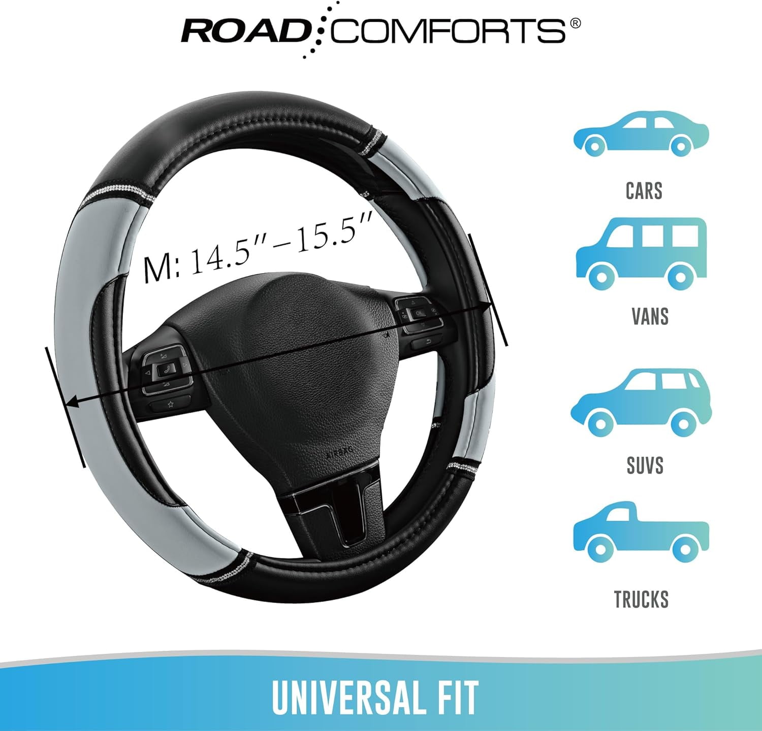 Leather Steering Wheel Cover - Made with PVC Leather - Anti-Slip, Universal Fit 14 1/2 inches to 15 inches - Gray