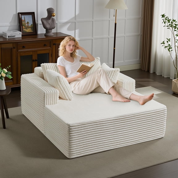 54.3/61 Inch Oversized Corduroy Sofa Bed, Boneless Cloud Sleeper Couch with 4 Pillows & Armrests, No Assembly Comfortable Upholstered Sofa for Living Room Bedroom Office