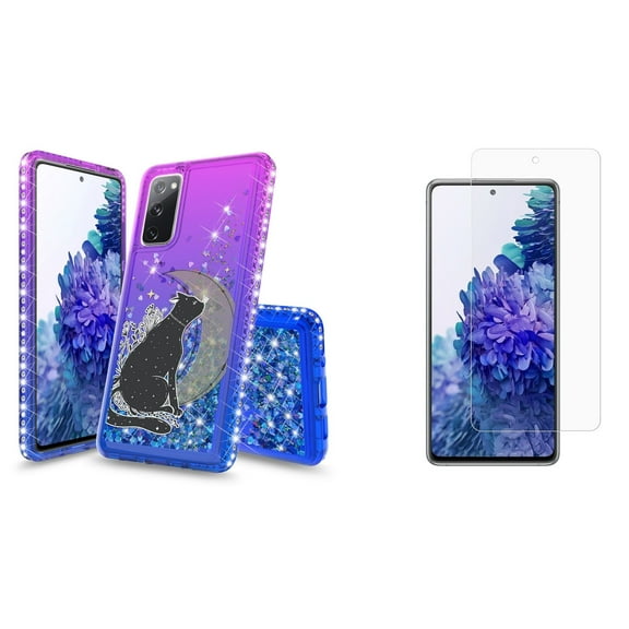 Bemz Liquid Quicksand Case for Samsung Galaxy S20 FE (with 2 Pack of Tempered Glass Screen Protectors and Touch Tool) - Black Cat (Purple/Blue)