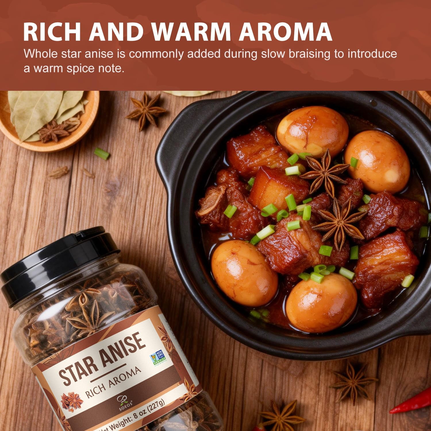 Soeos Whole Star Anise, 8 oz, Premium Aromatic Star Anise Pods for Pho, Braised Meats, Mulled Drinks, Baking, Tea & Asian Cooking