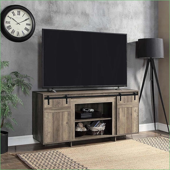 TV Furniture Farmhouse Grey Washed TV Stand with 2 Sliding Barn Doors | Fits 60-Inch TV | Farmhouse | TV Size 60-69in