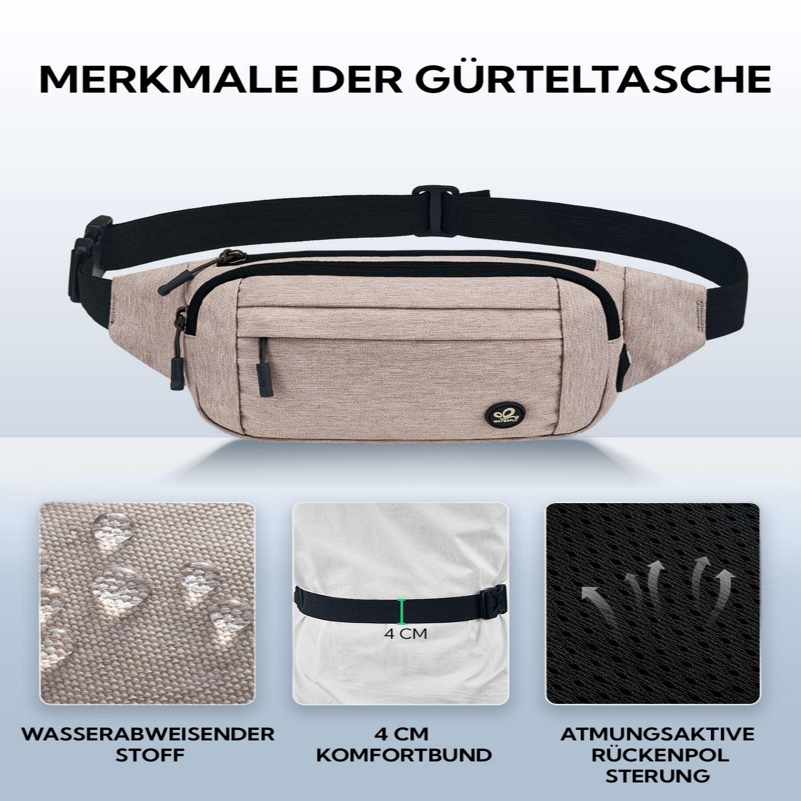 WATERFLY Unisex Lightweight Running Hiking Jogging Nylon Fanny Pack Waist Bag-Beige
