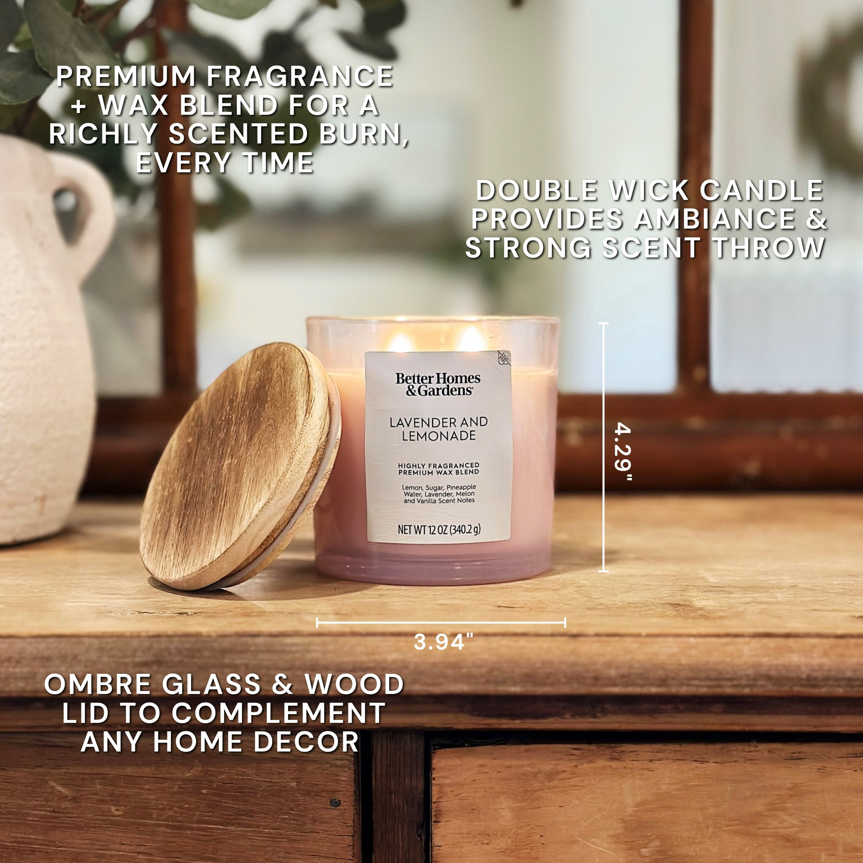 (4 pack) Better Homes and Gardens Lavender and Lemonade Scented 2-Wick Ombre Jar Candle 12oz.