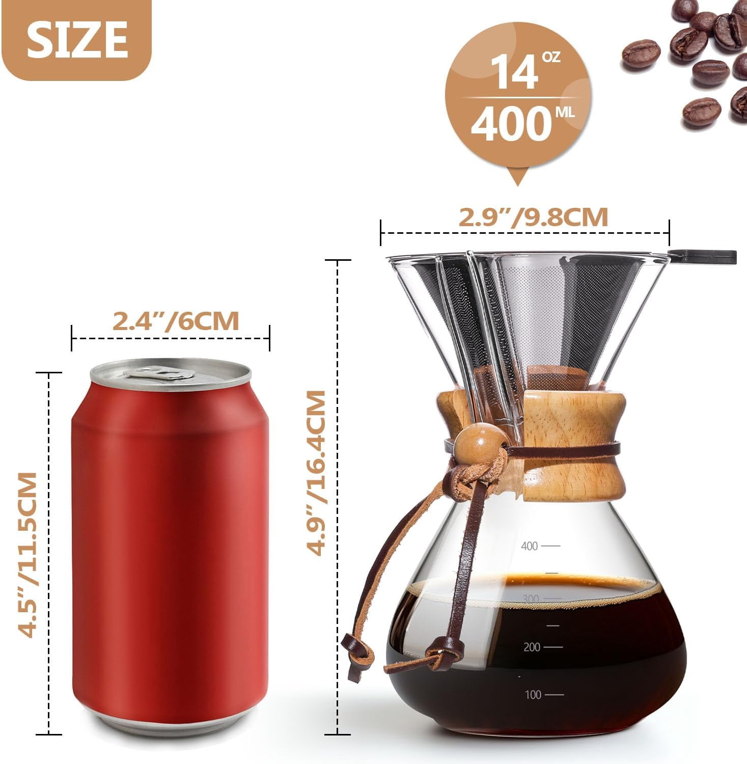 Pour Over Coffee Maker 14 OZ, 4 Cup Borosilicate Glass Drip Coffee Maker with Reusable Stainless Steel Filter and Cork Grip for Home Café 400 ML