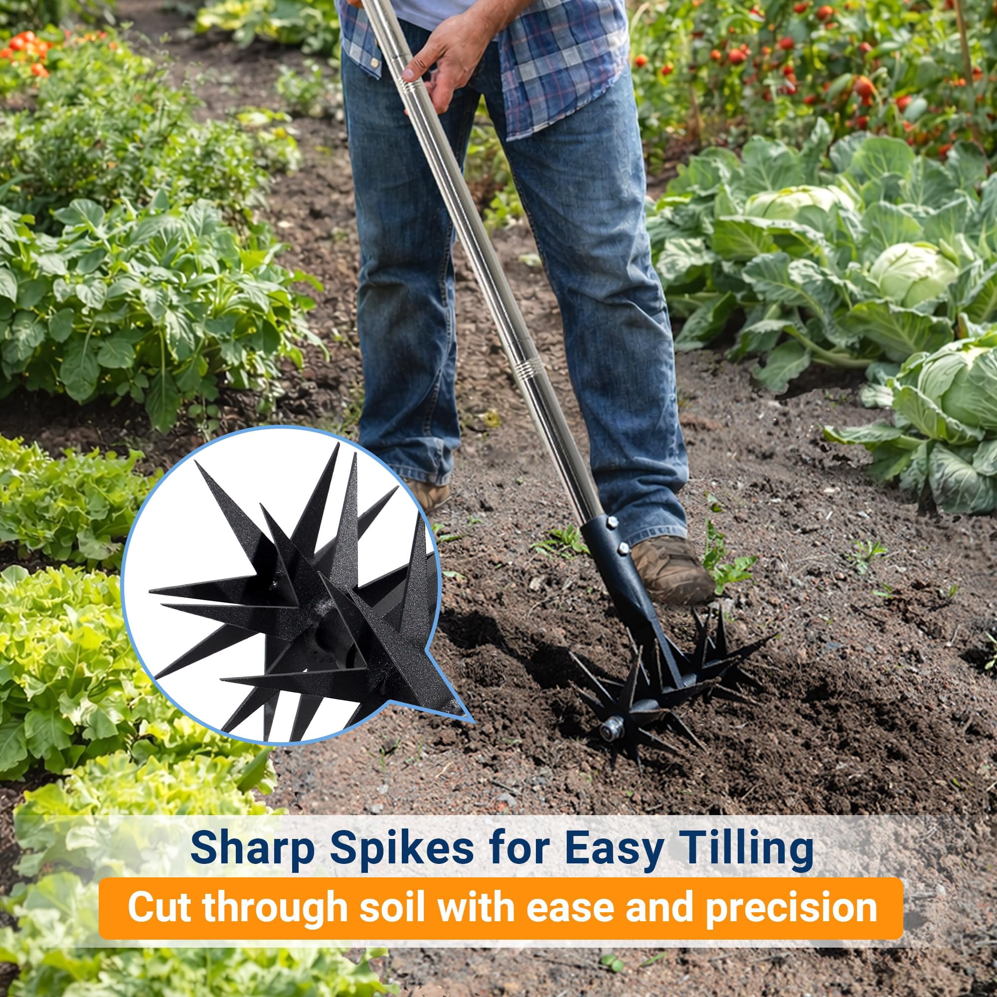 66in Rotary Cultivator With Tempered Spring Steel Tines And Adjustable Stainless Handle Manual Garden Tiller Tool For Loosening Soil Mixing Fertilizer
