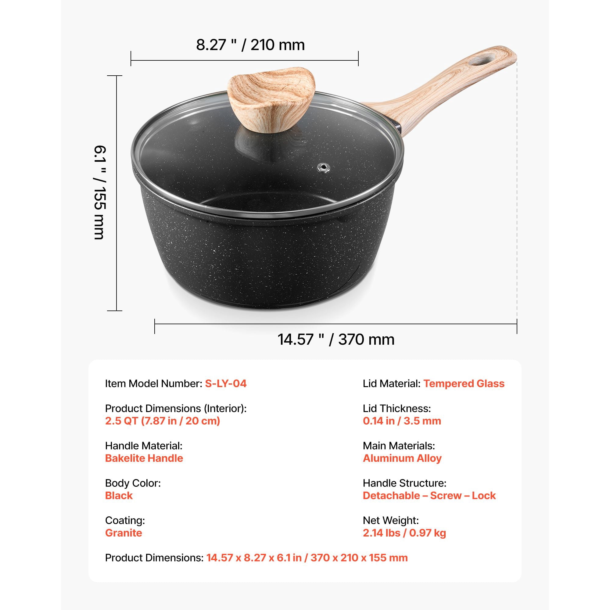 Nonstick Saucepan 2.5QT with Lid Marble Coating Aluminum Construction Thickened Body Ergonomic Handle for Gas Electric Induction