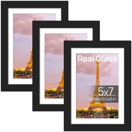 5x7 Picture Frame Set of 3, Made of High Definition Glass for 4x6 with Mat or 5x7 Without Mat, Wall and Tabletop Display Photo Frames, Black