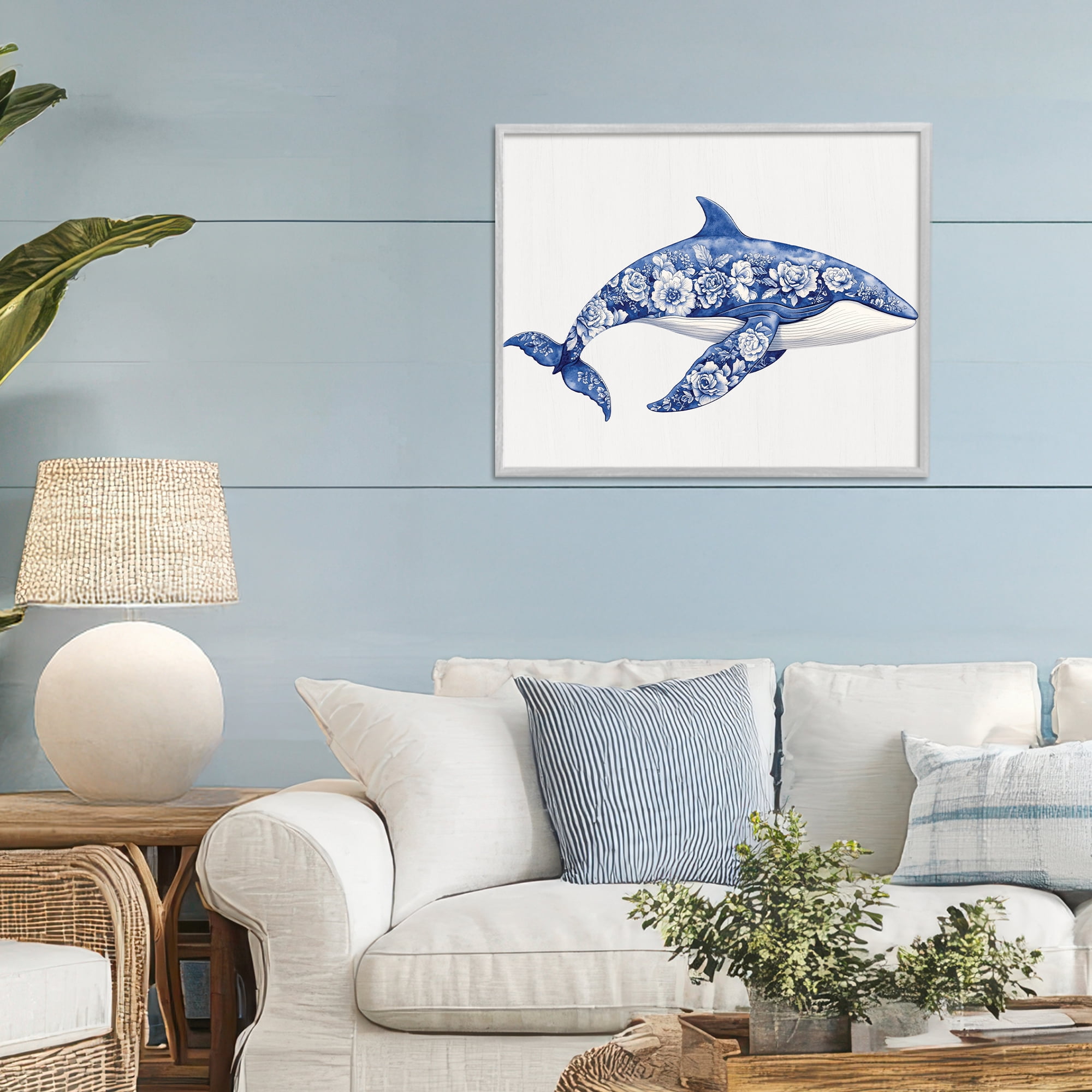 Floral Toile Whale Gray Framed Giclee Art, design by Lettered and Lined