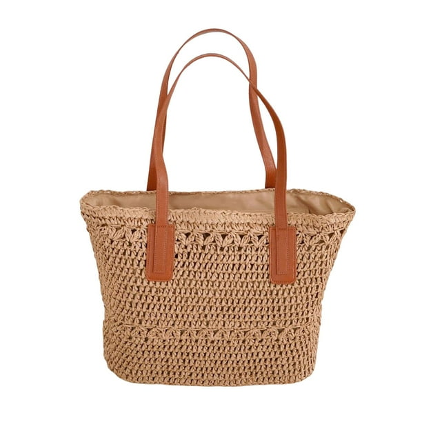 Bolso tejido a mano Bolso Informal Tejido De Paja Cartera Con Asa Superior Cartera De Verano Para La Playa Caqui caqui01 Magideal Bolso tejido a mano