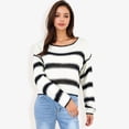thumbnail image 2 of Women's Long Sleeve Striped Sweater With Crew Neck, Cropped Fit- Large, White, 2 of 6
