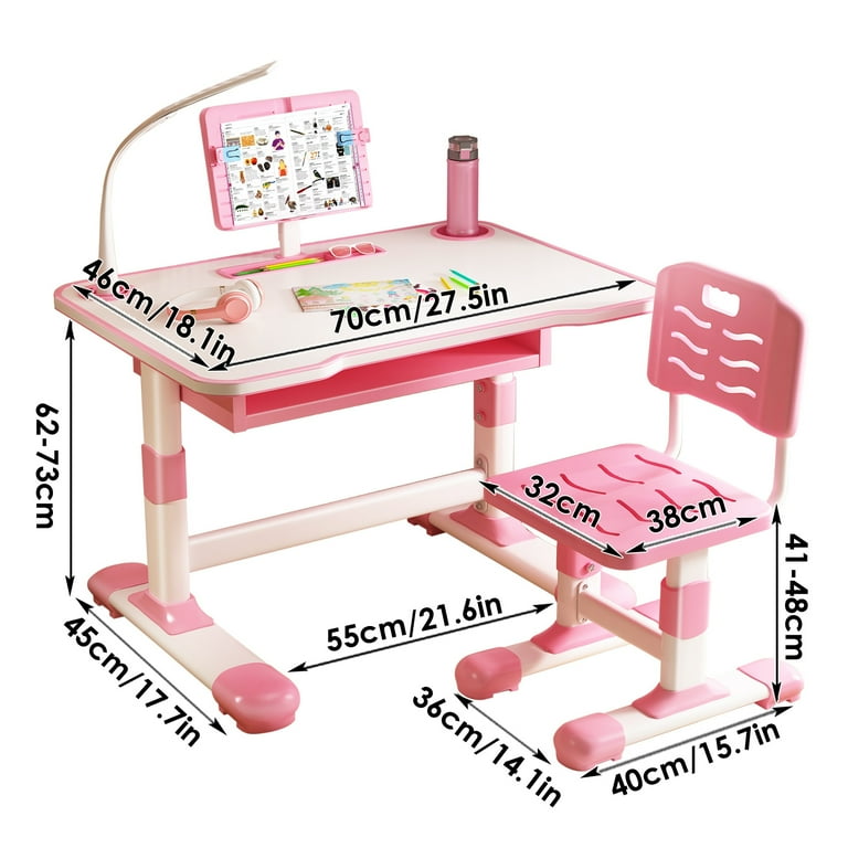 Thehsnt Kids Study Desk Chair Set with Tiltable Reading Stand LED Table Light, Height Adjustable Toddlers Writing Table, Children Learning Table with Extra Large Drawer