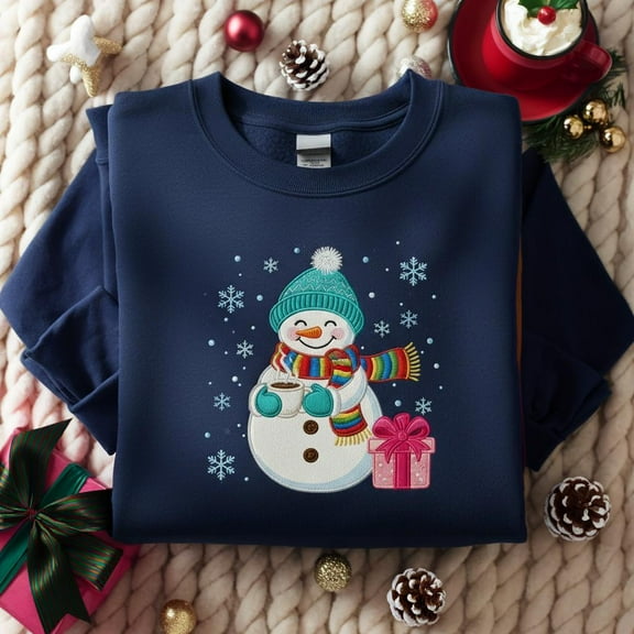 EMBROIDERED Christmas Snowman Sweatshirt, Winter Vibes Sweatshirt, Snowman with Christmas Tree Shirt, Christmas Shirts for Women
