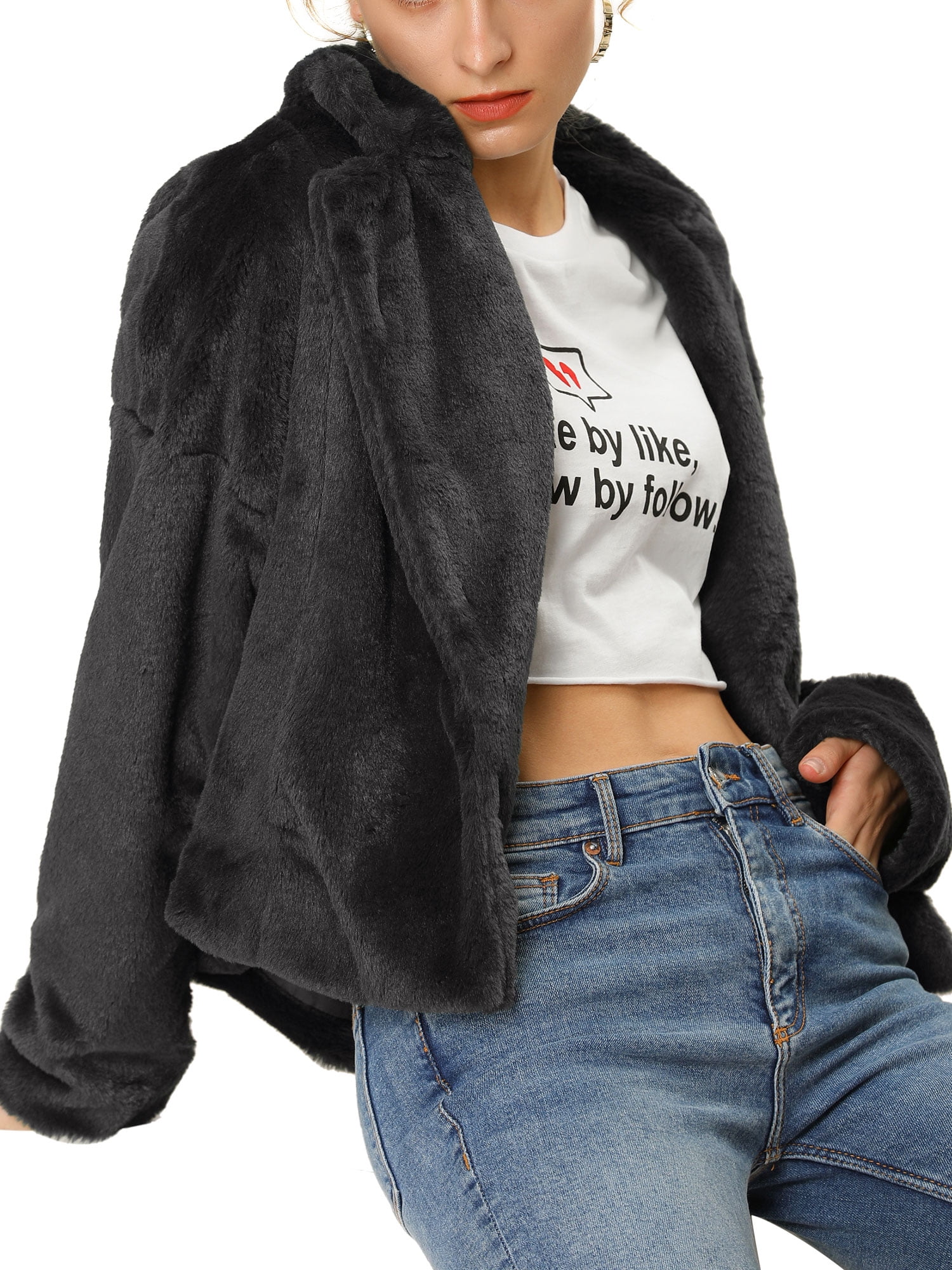 DARING DIVA Women's Cropped Jacket Notch Lapel Faux Fur Fluffy Coat S Black